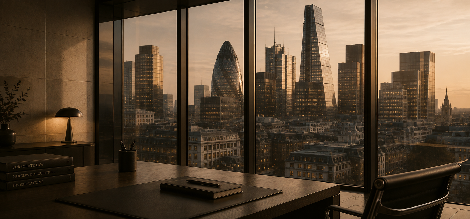 Executive office desk with law and business reference books overlooking the City of London