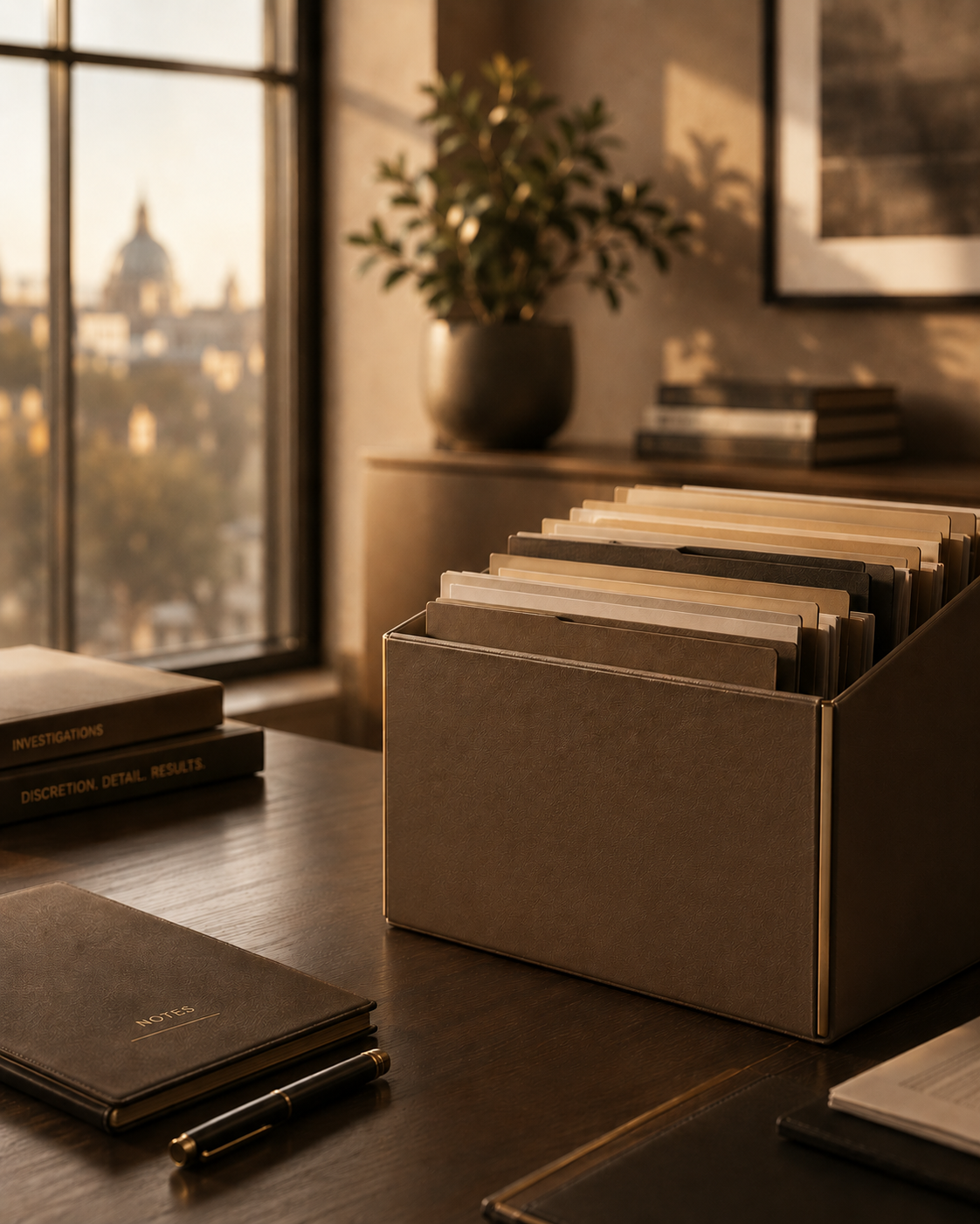 Investigation case files and notebooks on a desk including litigation support