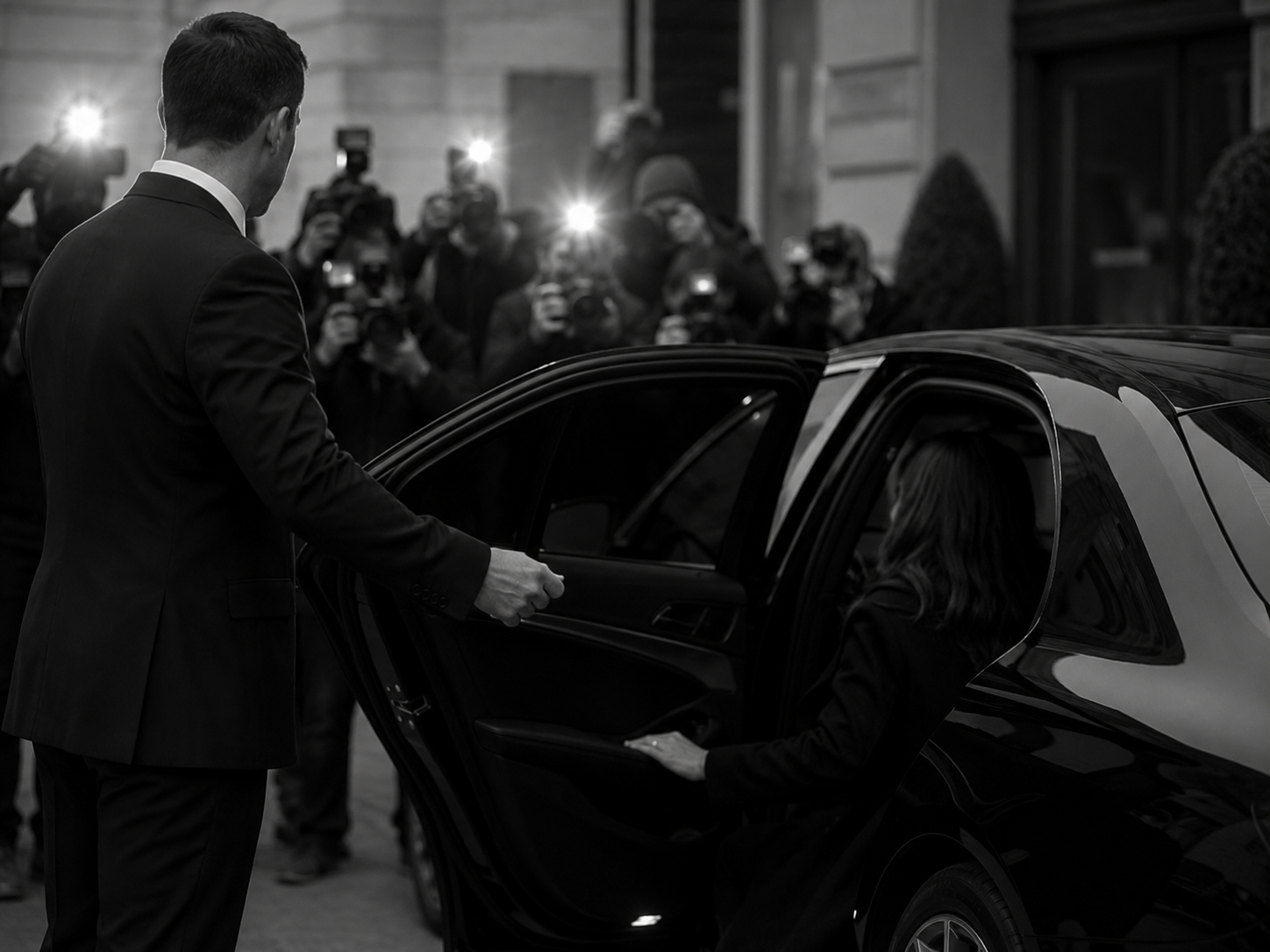 Public figure leaving a car as press photographers take pictures needing to hire Private Investigator for Public Figures